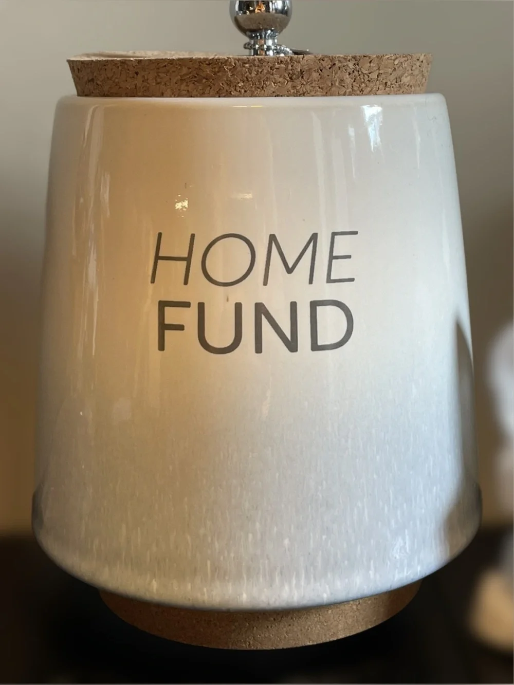 Home Fund Ceramic Money Jar - Blue & Cream Color Ombre - Cork Lid - Like New